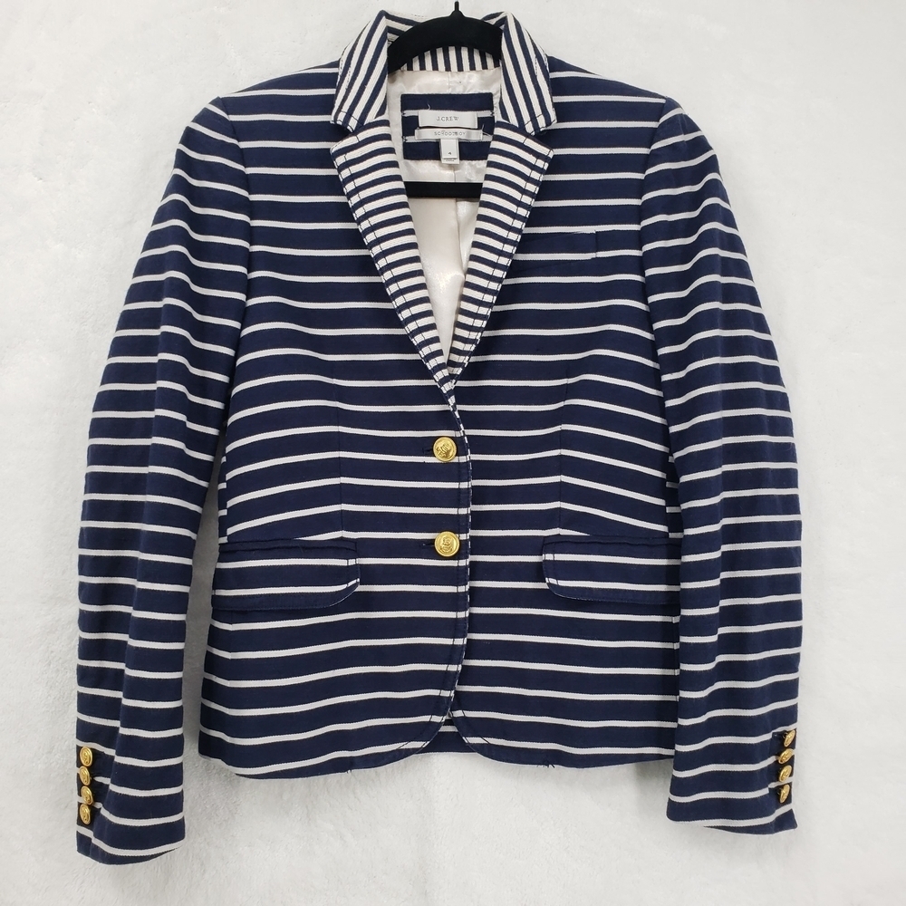J. Crew Schoolboy Blazer Women US 4 Navy White Stripe linen cotton nautical